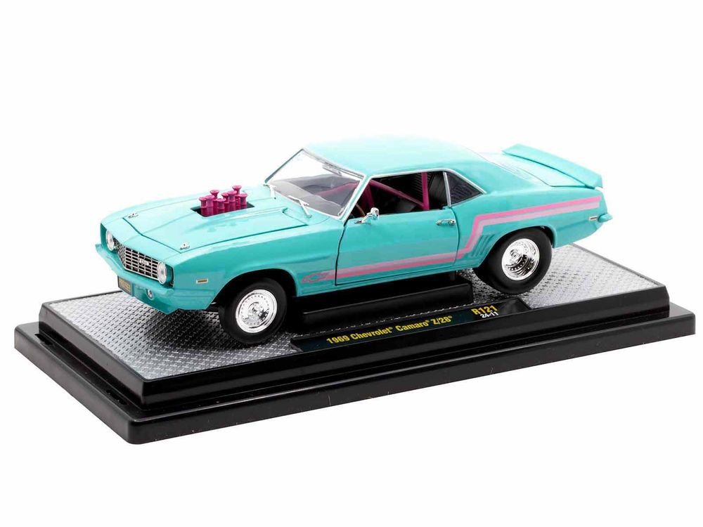 1969 Chevrolet Camaro Z/28 Light Blue with Pink Stripes "Pro Street" Limited Edition to 6250 pieces Worldwide 1/24 Diecast Model Car by M2 Machines view 2