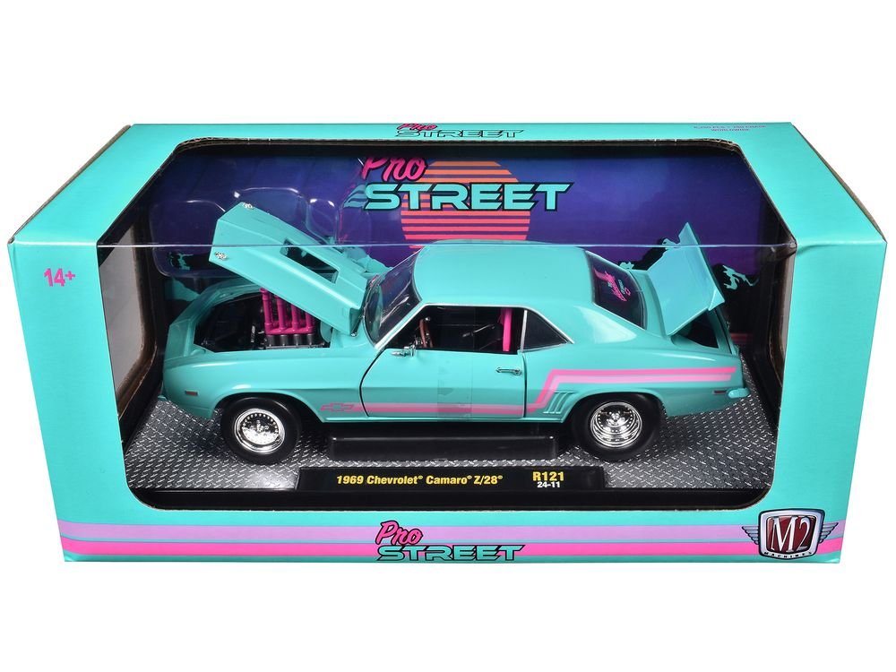 1969 Chevrolet Camaro Z/28 Light Blue with Pink Stripes "Pro Street" Limited Edition to 6250 pieces Worldwide 1/24 Diecast Model Car by M2 Machines view 3