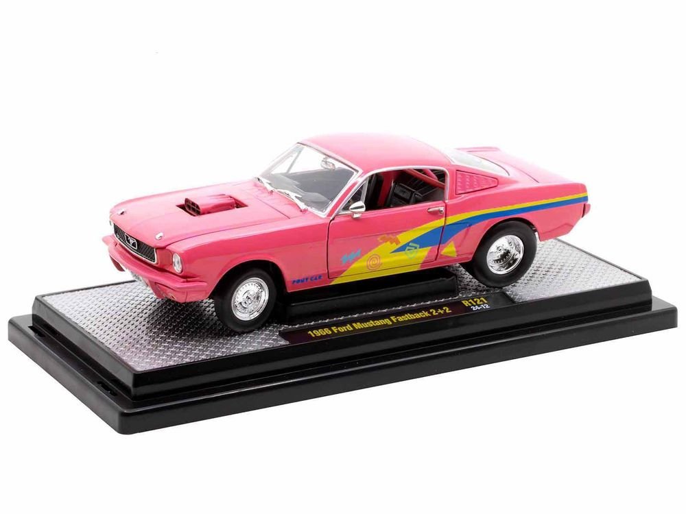 1966 Ford Mustang Fastback 2+2 Pink with Blue and Yellow Stripes "Pro Street" Limited Edition to 6250 pieces Worldwide 1/24 Diecast Model Car by M2 Machines view 2