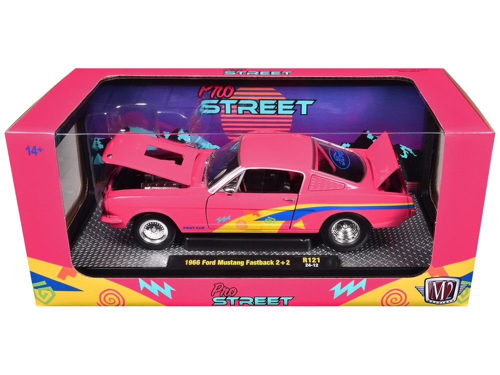 1966 Ford Mustang Fastback 2+2 Pink with Blue and Yellow Stripes "Pro Street" Limited Edition to 6250 pieces Worldwide 1/24 Diecast Model Car by M2 Machines view 3