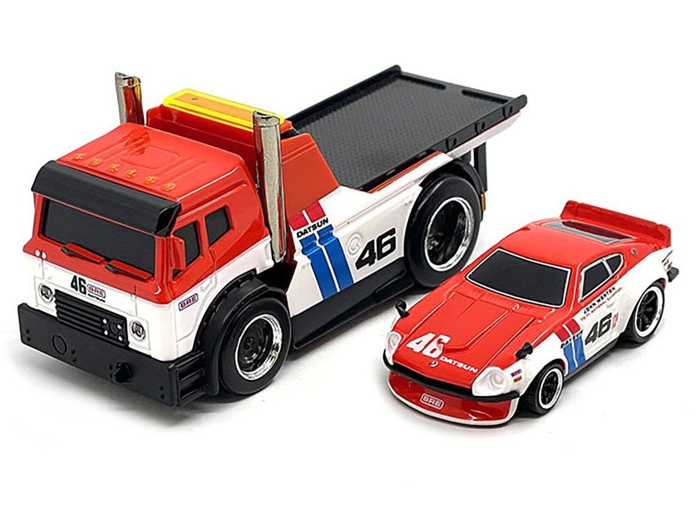 JDM Flatbed Truck #46 Red and White with Blue Stripes and 1972 Datsun 240Z #46 Red and White with Blue Stripes "BRE" "Muscle Transports" Series 1/64 Diecast Models by Muscle Machines view 2