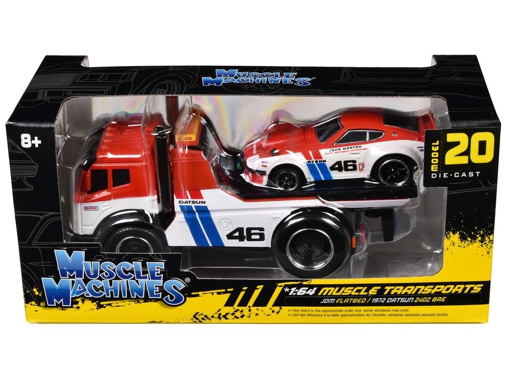 JDM Flatbed Truck #46 Red and White with Blue Stripes and 1972 Datsun 240Z #46 Red and White with Blue Stripes "BRE" "Muscle Transports" Series 1/64 Diecast Models by Muscle Machines view 3