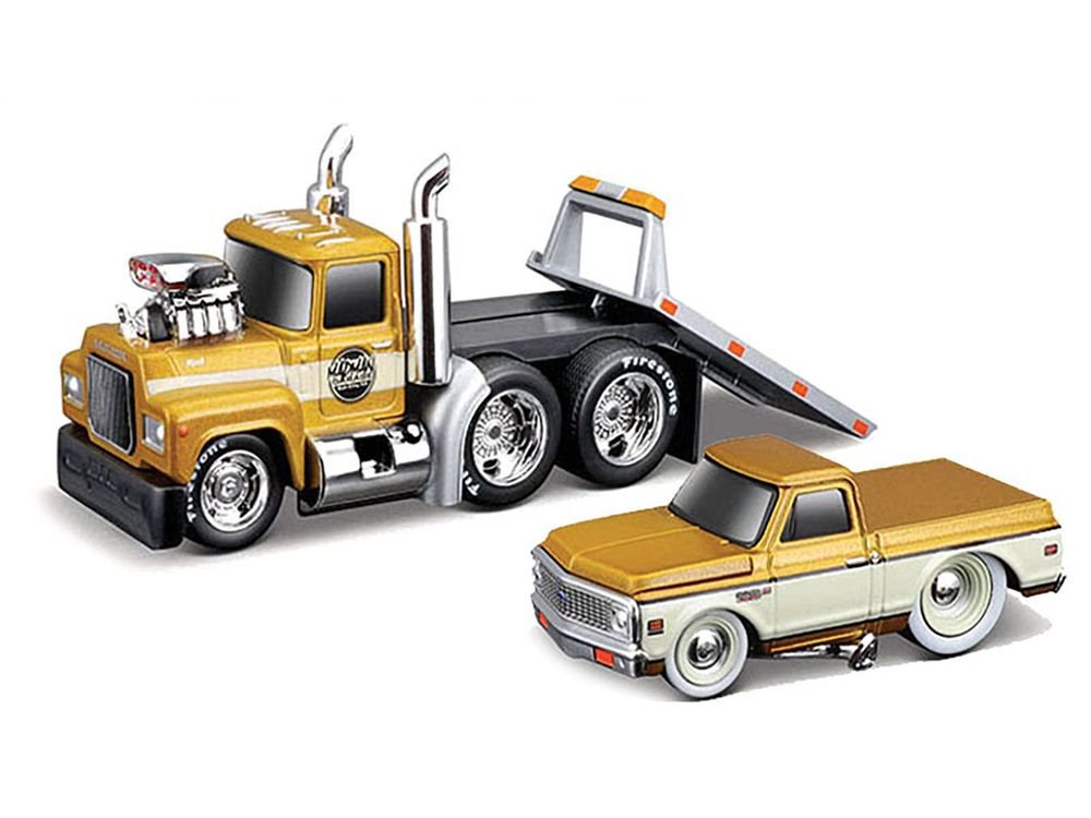 1980 Mack A685ST Flatbed Truck Gold Metallic with Beige Stripes "Madman Garage" and 1972 Chevrolet C10 Pickup Truck Gold Metallic and Beige "Muscle Transports" Series 1/64 Diecast Models by Muscle Machines view 2