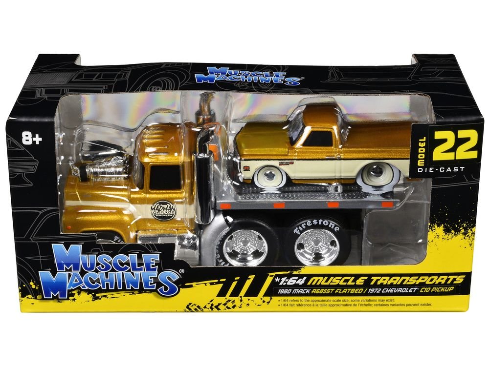 1980 Mack A685ST Flatbed Truck Gold Metallic with Beige Stripes "Madman Garage" and 1972 Chevrolet C10 Pickup Truck Gold Metallic and Beige "Muscle Transports" Series 1/64 Diecast Models by Muscle Machines view 3