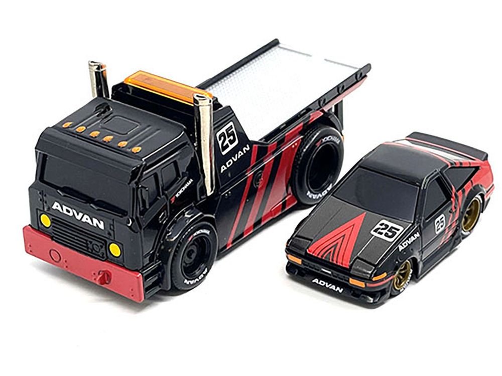 JDM Flatbed Truck #25 Black and Red and 1983-85 Toyota Trueno Sprinter (AE86) #25 Black and Red "Advan" Livery "Muscle Transports" Series 1/64 Diecast Models by Muscle Machines view 2
