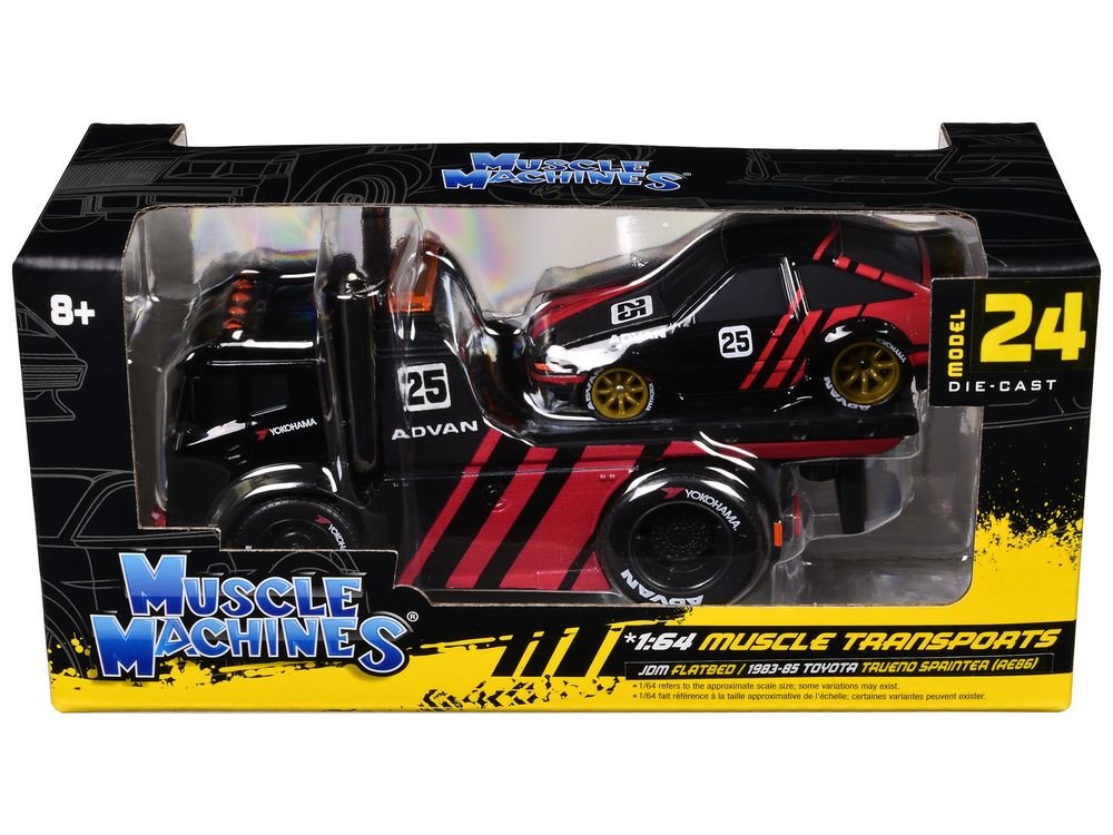 JDM Flatbed Truck #25 Black and Red and 1983-85 Toyota Trueno Sprinter (AE86) #25 Black and Red "Advan" Livery "Muscle Transports" Series 1/64 Diecast Models by Muscle Machines view 3