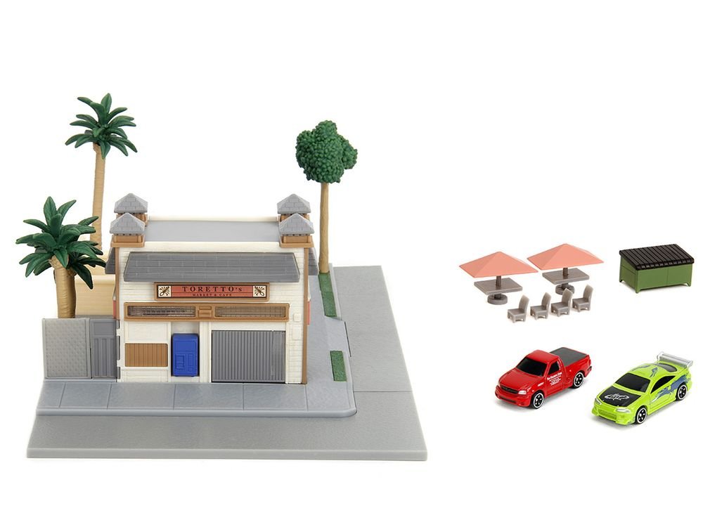 Toretto Cafe Diorama with Mitsubishi Eclipse Green and Ford F-150 SVT Lightning Red "Fast and Furious" "Nano Scene" Series Model by Jada view 2
