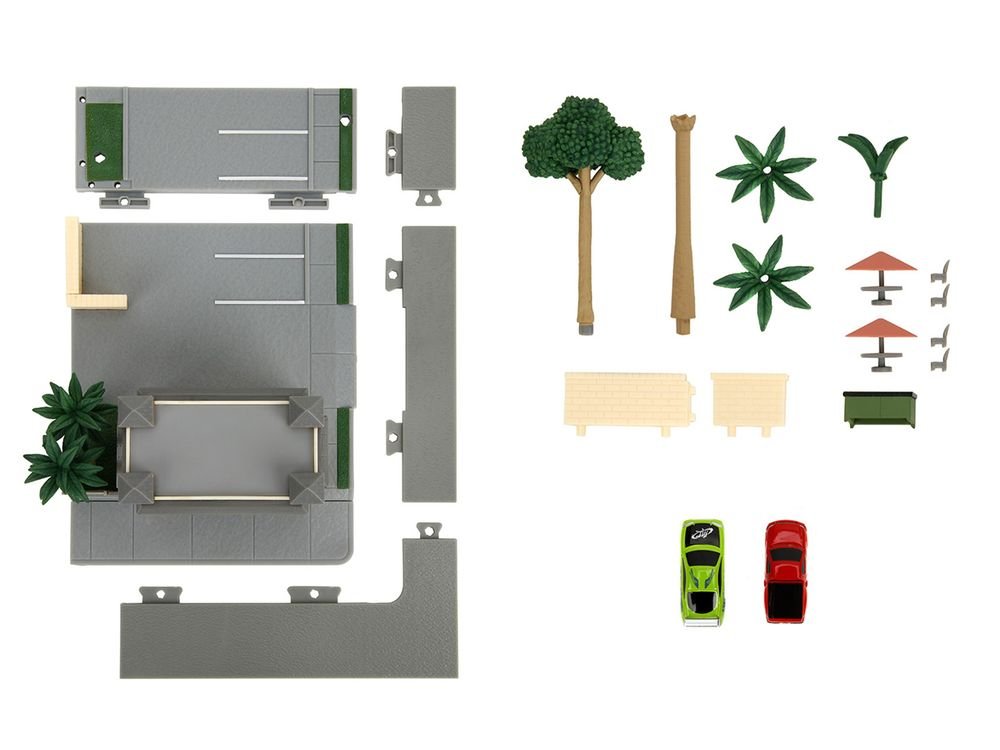 Toretto Cafe Diorama with Mitsubishi Eclipse Green and Ford F-150 SVT Lightning Red "Fast and Furious" "Nano Scene" Series Model by Jada view 3