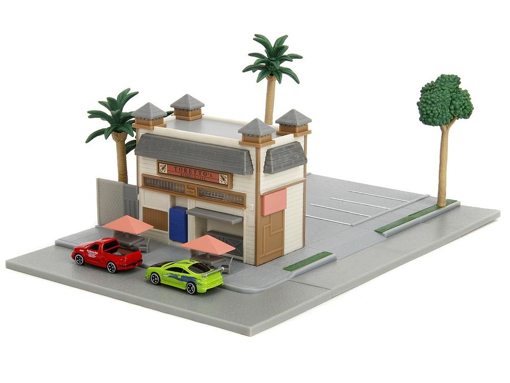 Toretto Cafe Diorama with Mitsubishi Eclipse Green and Ford F-150 SVT Lightning Red "Fast and Furious" "Nano Scene" Series Model by Jada view 5