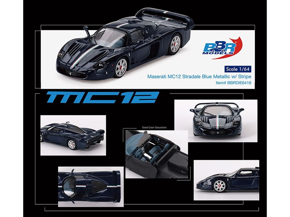 Maserati MC12 Stradale Blue Metallic with White Stripe 1/64 Diecast Model Car by BBR view 3