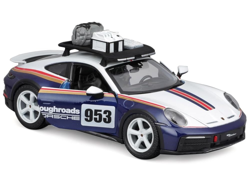 Porsche 911 Dakar #953 "Roughroads Porsche" Blue and White with Stripes and Roof Rack "Race" Series 1/24 Diecast Model Car by Bburago view 2