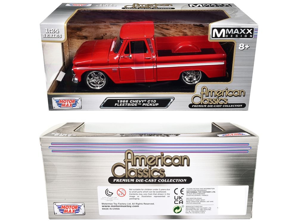 1966 Chevrolet C10 Fleetside Pickup Truck Red "Maxx Design" "American Classics" Series 1/24 Diecast Model Car by Motormax view 3