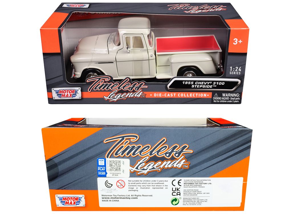 1955 Chevrolet 3100 Stepside Pickup Truck Cream with White Interior "Timeless Legends" Series 1/24 Diecast Model Car by Motormax view 3