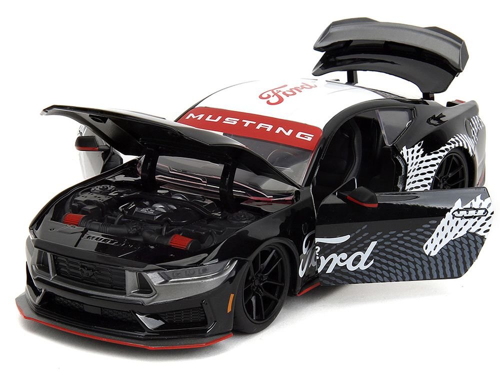 2024 Ford Mustang Dark Horse Black with White Top and "Mustang Horse Graphics" "Bigtime Muscle" Series 1/24 Diecast Model Car by Jada view 2