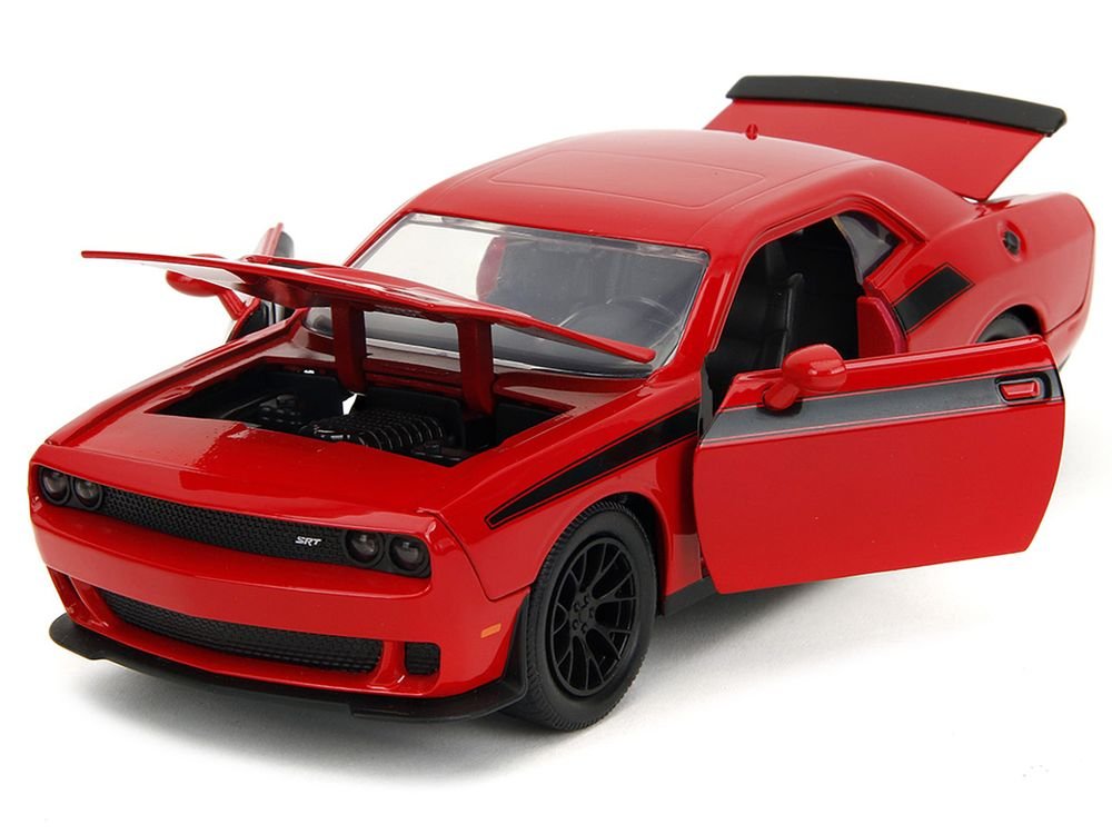 2015 Dodge Challenger Red with Black Stripes and Glenn Diecast Figure "The Walking Dead" (2010-2022) TV Series "Hollywood Rides" Series 1/24 Diecast Model Car by Jada view 2
