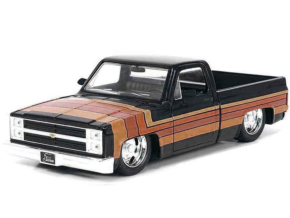1985 Chevrolet C-10 Pickup Truck Black with Stripes and GM Rally Wheels "Just Trucks" Series 1/24 Diecast Model Car by Jada view 2