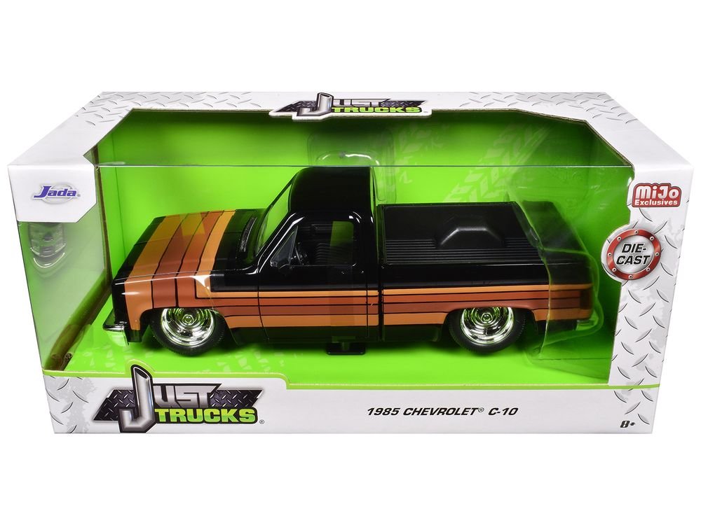 1985 Chevrolet C-10 Pickup Truck Black with Stripes and GM Rally Wheels "Just Trucks" Series 1/24 Diecast Model Car by Jada view 3