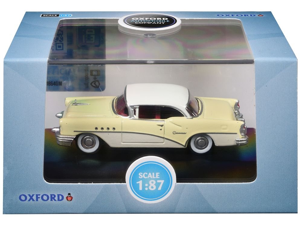 1955 Buick Century Condor Yellow and Dover White with Red Interior 1/87 (HO) Scale Diecast Model Car by Oxford Diecast view 3