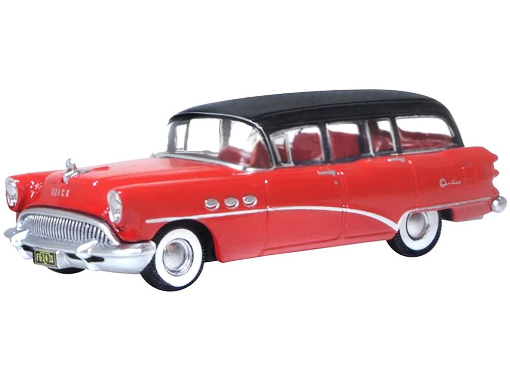 1954 Buick Century Estate Wagon Matador Red and Carlsbad Black with Red Interior 1/87 (HO) Scale Diecast Model Car by Oxford Diecast view 2
