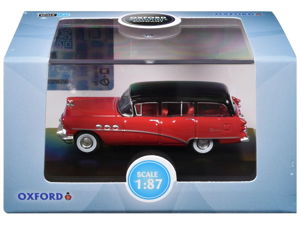 1954 Buick Century Estate Wagon Matador Red and Carlsbad Black with Red Interior 1/87 (HO) Scale Diecast Model Car by Oxford Diecast view 3