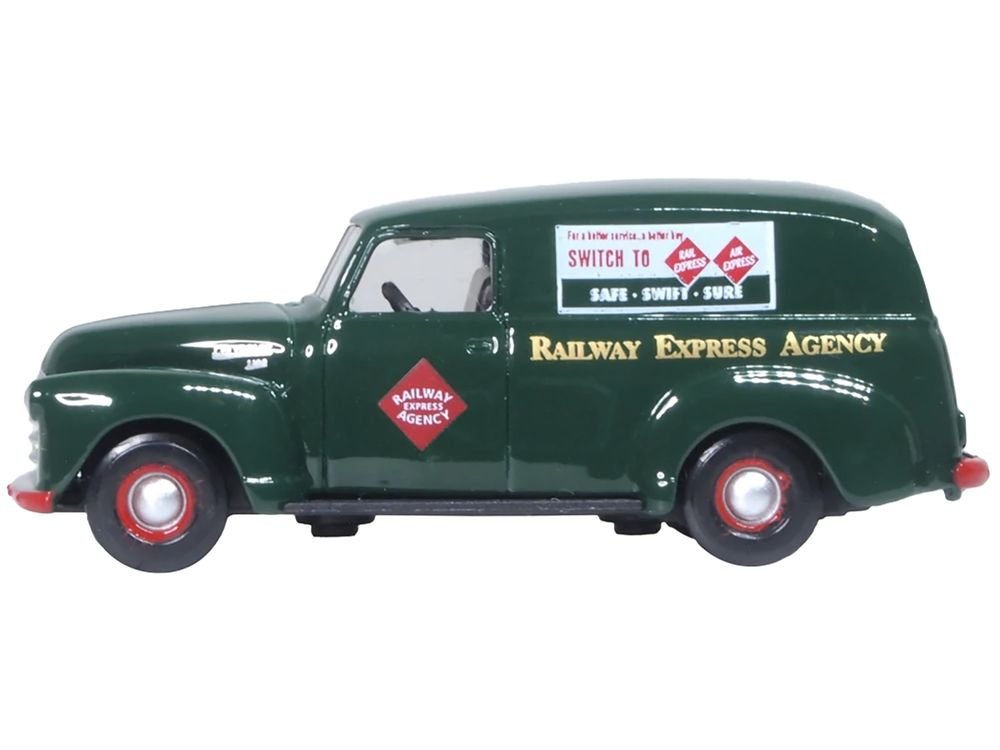 1950 Chevrolet Panel Van "Railway Express Agency" Dark Green 1/87 (HO) Scale Diecast Model Car by Oxford Diecast view 2
