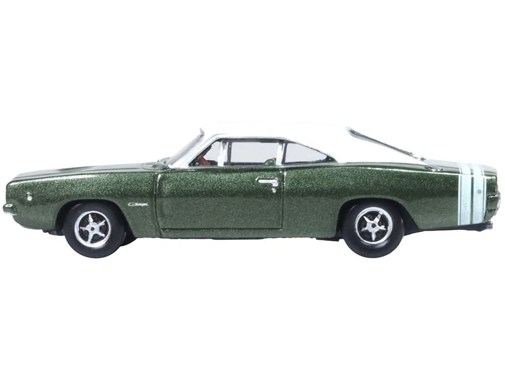 1968 Dodge Charger Racing Green Metallic with White Top and Tail Stripe 1/87 (HO) Scale Diecast Model Car by Oxford Diecast view 2