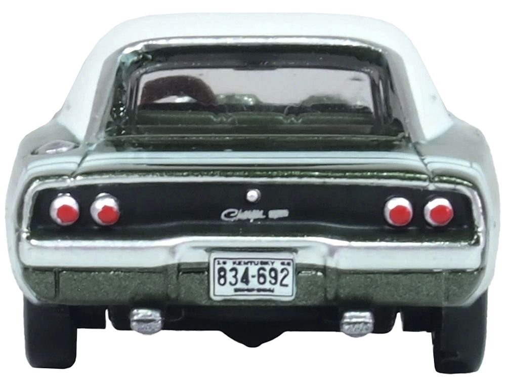 1968 Dodge Charger Racing Green Metallic with White Top and Tail Stripe 1/87 (HO) Scale Diecast Model Car by Oxford Diecast view 3