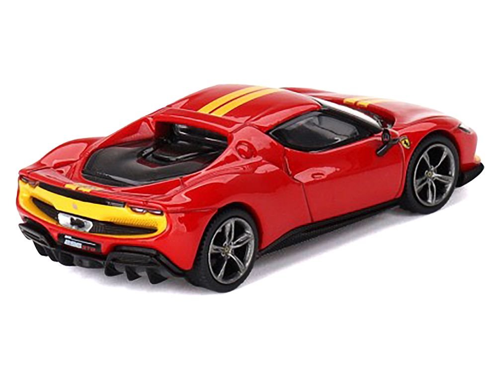 Ferrari 296 GTB Assetto Fiorano Rosso Corsa Red with Yellow Stripes 1/64 Diecast Model Car by BBR view 3