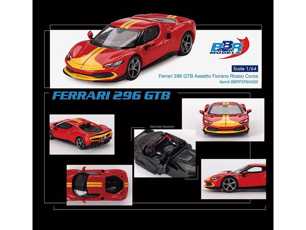 Ferrari 296 GTB Assetto Fiorano Rosso Corsa Red with Yellow Stripes 1/64 Diecast Model Car by BBR view 4