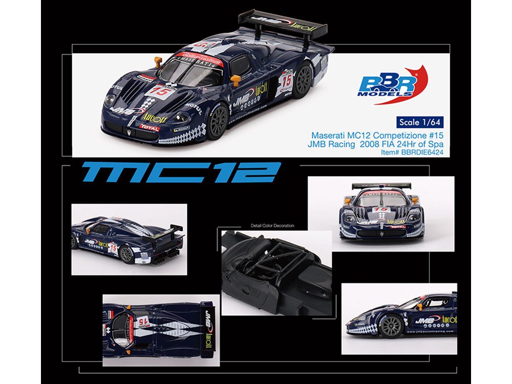 Maserati MC12 Competizione #15 Ben Aucott - Alain Ferte - Stephane Daoudi "JMB Racing" "24 Hours of Spa" (2008) 1/64 Diecast Model Car by BBR view 3