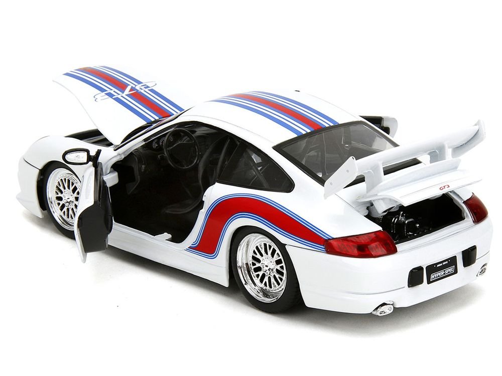 Porsche 911 GT3 (996) White with Red and Blue Stripes "Hyper-Spec" Series 1/24 Diecast Model Car by Jada view 4