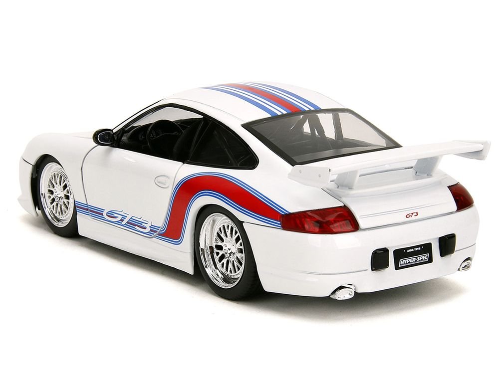 Porsche 911 GT3 (996) White with Red and Blue Stripes "Hyper-Spec" Series 1/24 Diecast Model Car by Jada view 5