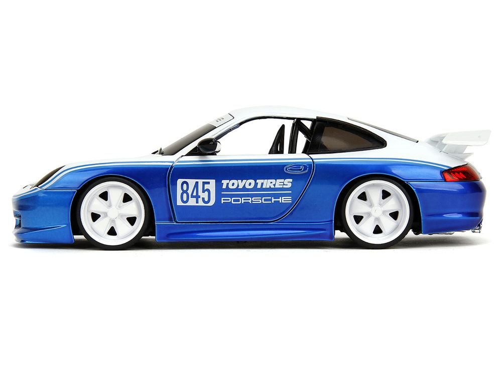 Porsche 911 GT3 RS (996) #845 White and Blue Metallic "Toyo Tires" "Hyper-Spec" Series 1/24 Diecast Model Car by Jada view 3