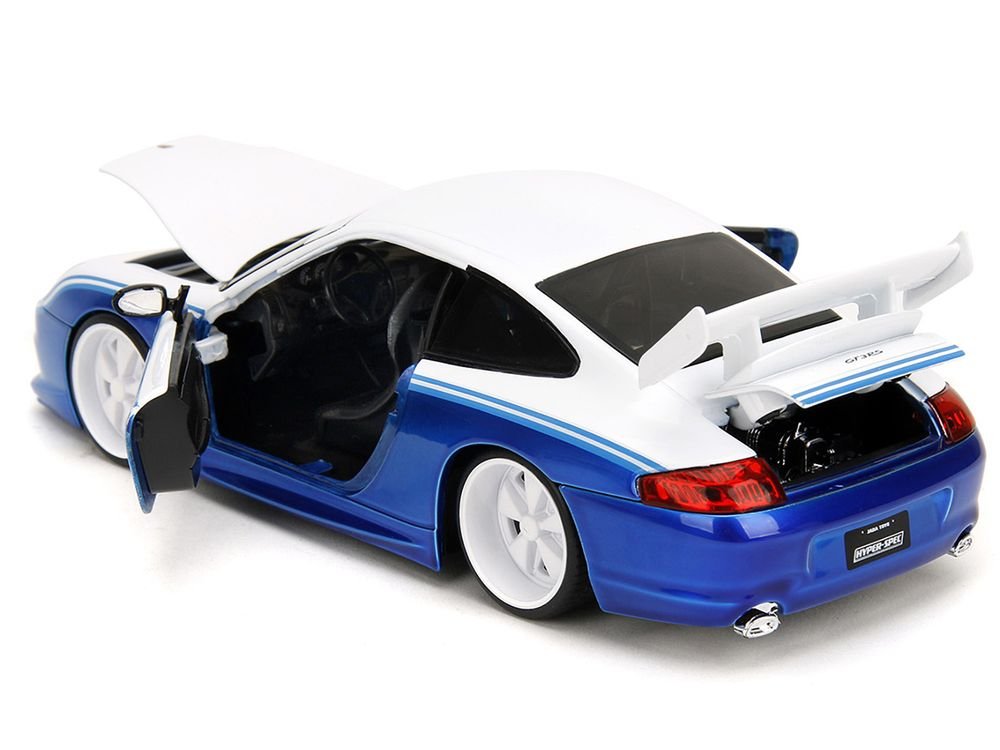 Porsche 911 GT3 RS (996) #845 White and Blue Metallic "Toyo Tires" "Hyper-Spec" Series 1/24 Diecast Model Car by Jada view 4