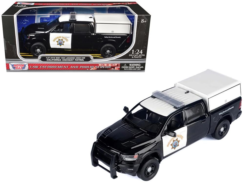 2019 RAM 1500 Laramine Crew Cab Pickup Truck "California Highway Patrol" Black and White with Truck Bed Camper "Law Enforcement and Public Service" Series 1/24-1/27 Diecast Model Car by Motormax