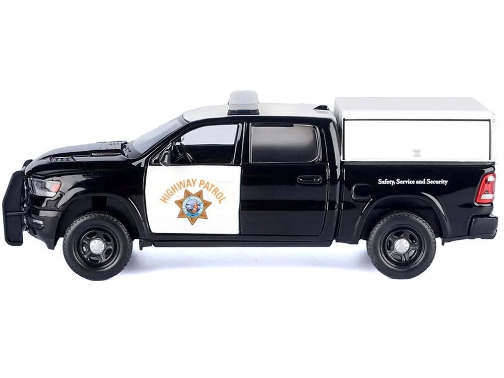 2019 RAM 1500 Laramine Crew Cab Pickup Truck "California Highway Patrol" Black and White with Truck Bed Camper "Law Enforcement and Public Service" Series 1/24-1/27 Diecast Model Car by Motormax view 2