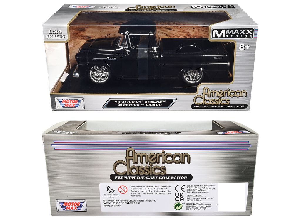 1958 Chevrolet Apache Fleetside Pickup Black "Maxx Design" "American Classics" Series 1/24 Diecast Model Car by Motormax view 3
