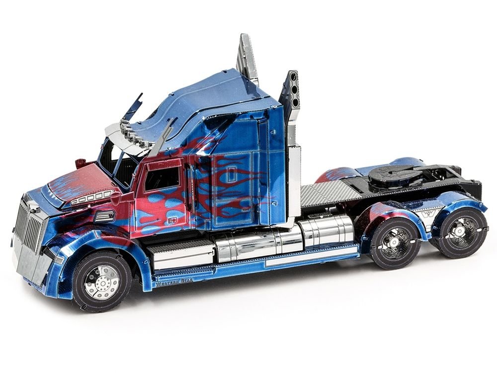 Model Kit Western Star 5700 Truck "Optimus Prime" Blue with Red Flames "Transformers: The Last Knight" (2017) Movie (Moderate Difficulty) Steel Model by Metal Earth view 2