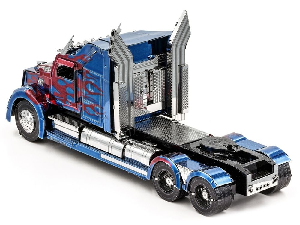 Model Kit Western Star 5700 Truck "Optimus Prime" Blue with Red Flames "Transformers: The Last Knight" (2017) Movie (Moderate Difficulty) Steel Model by Metal Earth view 3