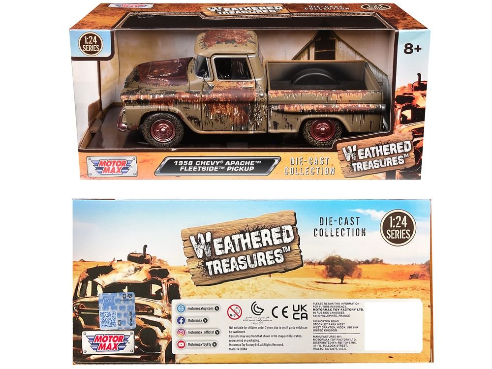 1958 Chevrolet Apache Fleetside Pickup Brown (Rusted) "Weathered Treasures" Series 1/24 Diecast Model Car by Motormax view 3