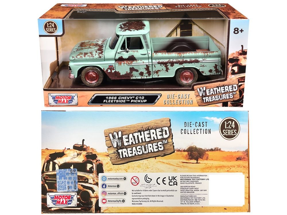 1966 Chevrolet C10 Fleetside Pickup Truck Light Green (Rusted) "Weathered Treasures" Series 1/24 Diecast Model Car by Motormax view 3