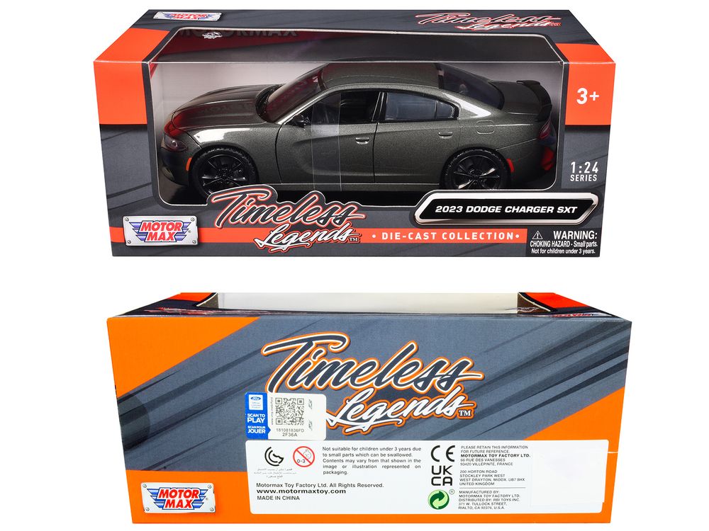 2023 Dodge Charger SXT Gray Metallic "Timeless Legends" Series 1/24 Diecast Model Car by Motormax view 3
