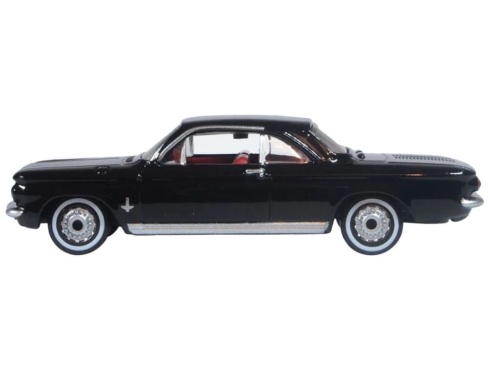 1963 Chevrolet Corvair Coupe Tuxedo Black with Red Interior  1/87 (HO) Scale Diecast Model Car by Oxford Diecast view 2