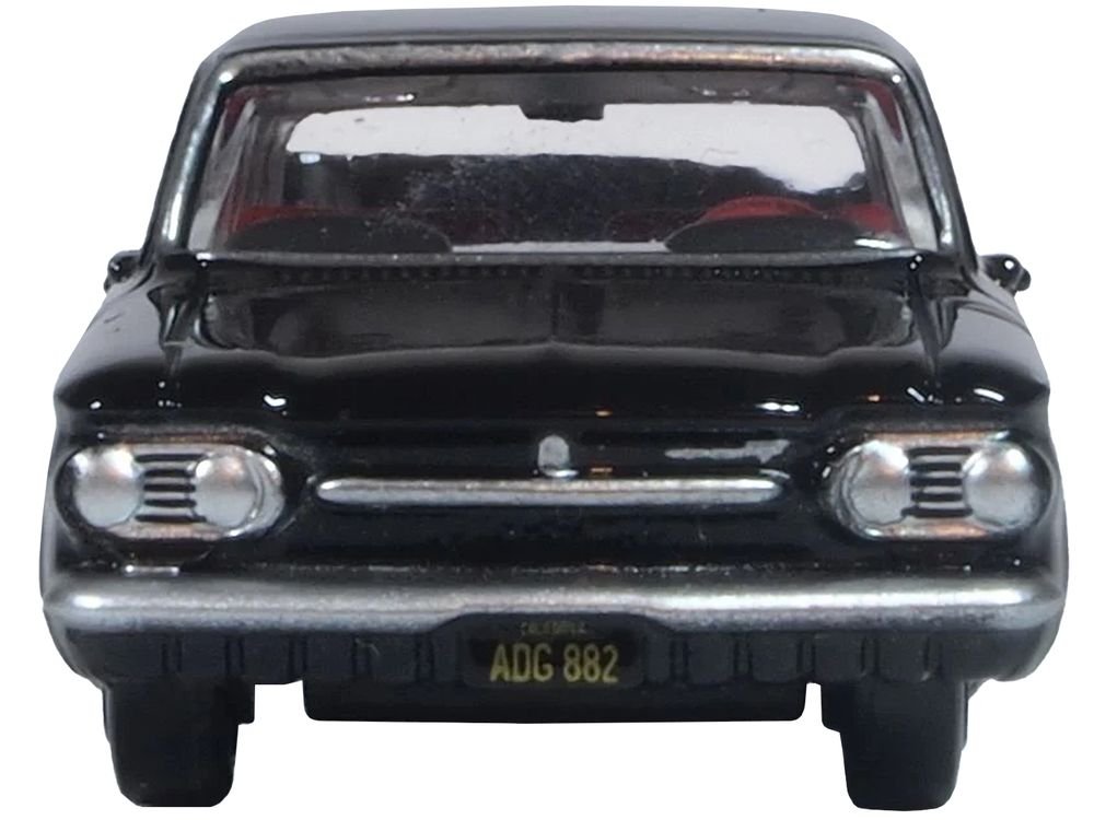 1963 Chevrolet Corvair Coupe Tuxedo Black with Red Interior  1/87 (HO) Scale Diecast Model Car by Oxford Diecast view 3