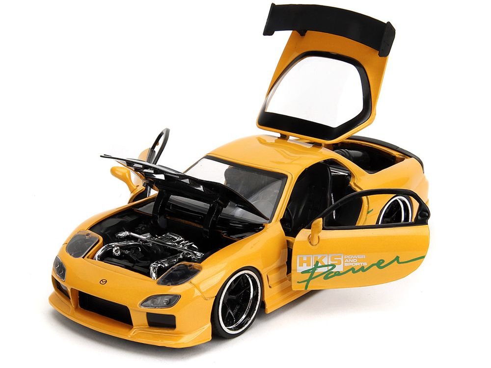 1993 Mazda RX-7 "HKS Power" Yellow with Carbon Hood "JDM Tuners" Series 1/24 Diecast Model Car by Jada view 3