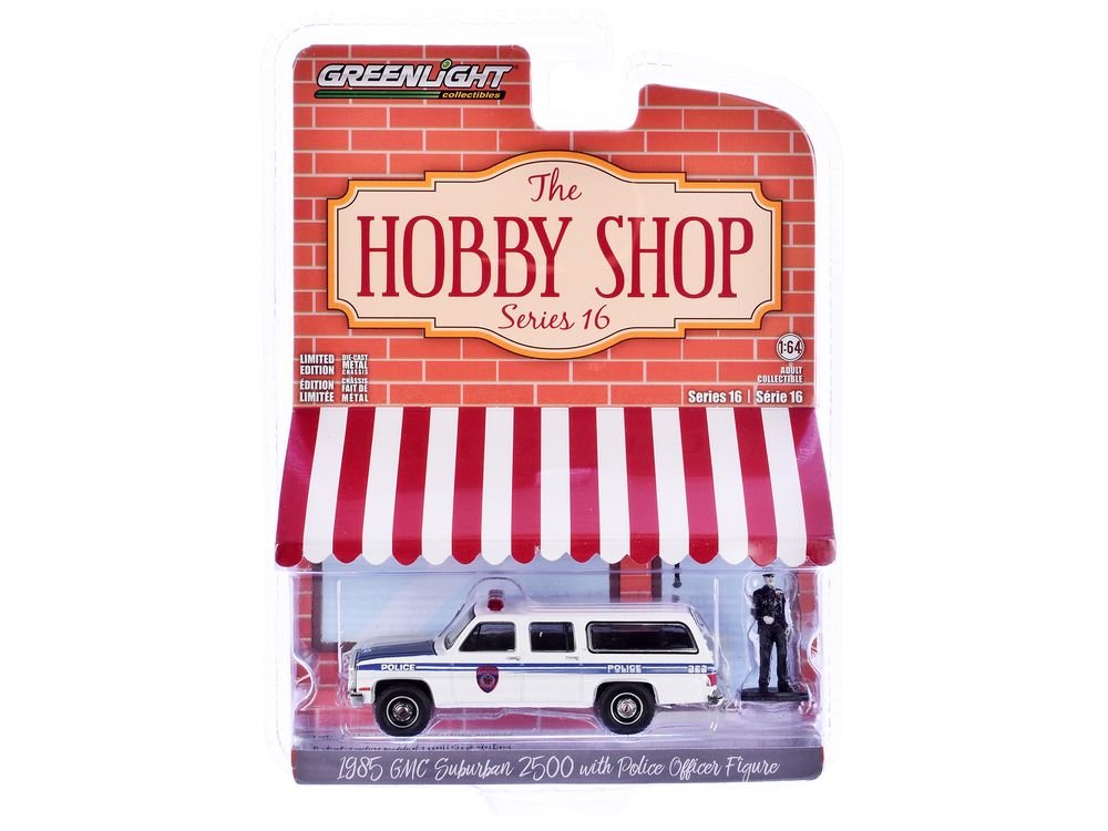 1985 GMC Suburban 2500 "New York City Transit Police Department" White with Blue Stripes and Police Officer Figure "The Hobby Shop" Series 16 1/64 Diecast Model Car by Greenlight view 3