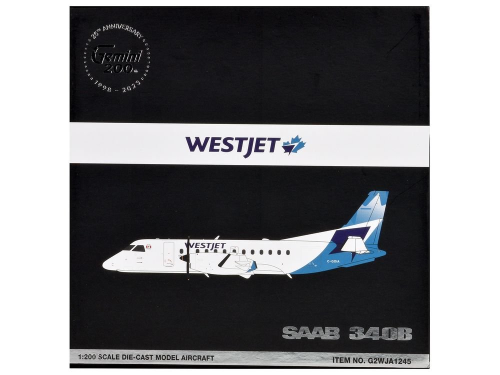 Saab 340B Commercial Aircraft "WestJet" (C-GOIA) White with Blue Stripes and Tail "Gemini 200" Series 1/200 Diecast Model Airplane by GeminiJets view 3
