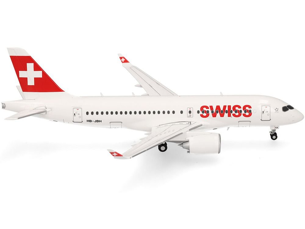Airbus A220-100 Commercial Aircraft "Swiss International Air Lines" (HB-JBH) White with Red Tail 1/200 Diecast Model Airplane by Herpa view 2