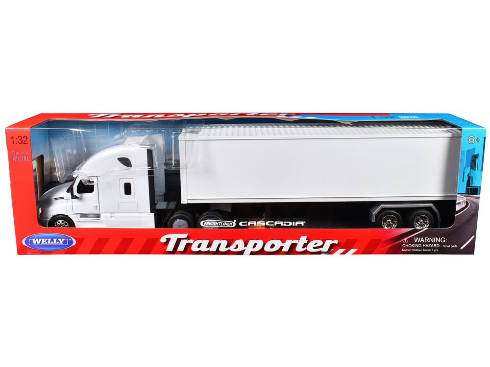 Freightliner Cascadia Truck White with White Container "Transporter" Series 1/32 Diecast Model by Welly view 3