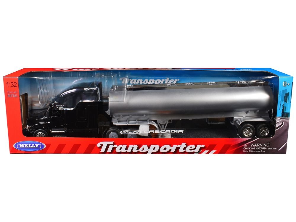 Freightliner Cascadia Truck Black with Silver Tanker Trailer "Transporter" Series 1/32 Diecast Model by Welly view 3